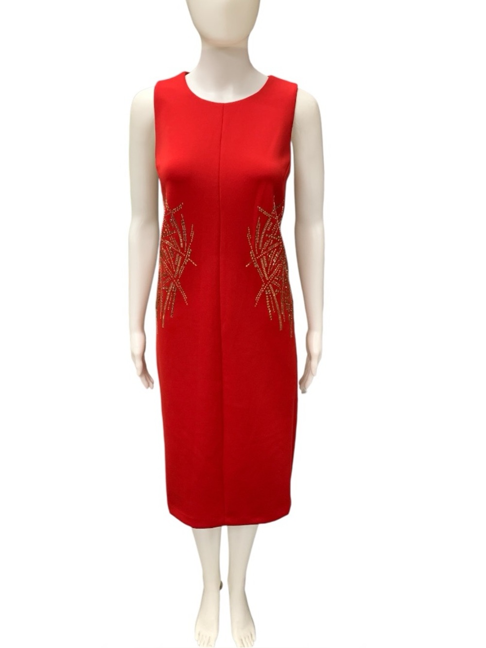 Andrew Marc NWT Red Sleeveless Midi Sheath Dress with Gold Beading Size M
